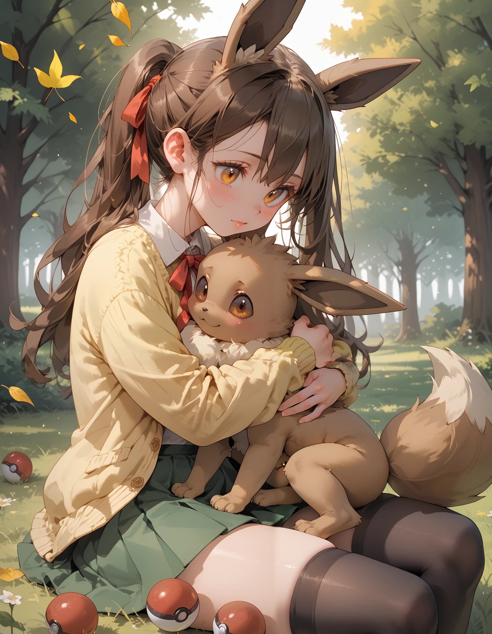 A teen girl with long brown hair, amber eyes, huge breasts, thick thighs, white blouse, yellow cardigan, black stockings, green skirt, red ribbon, high school girl, grass, warm light, afternoon, shy gaze, adorable, loli, pokemon trainer, pokeball, forest, pokemon, hugging, hugging a eevee, eevee, filtering lighting, light filtering through leaves, raytracing, chiaroscuro lighting