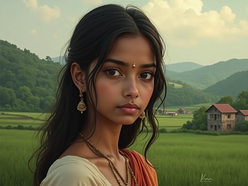 High Quality illustration,ultra detailed, Beautiful picture of A painting of a girl indian beauty, Fog, cinematic shot, haze lighting, 16k, uhd, blurry masterpiece,cinematic, epic,  watercolor, ink