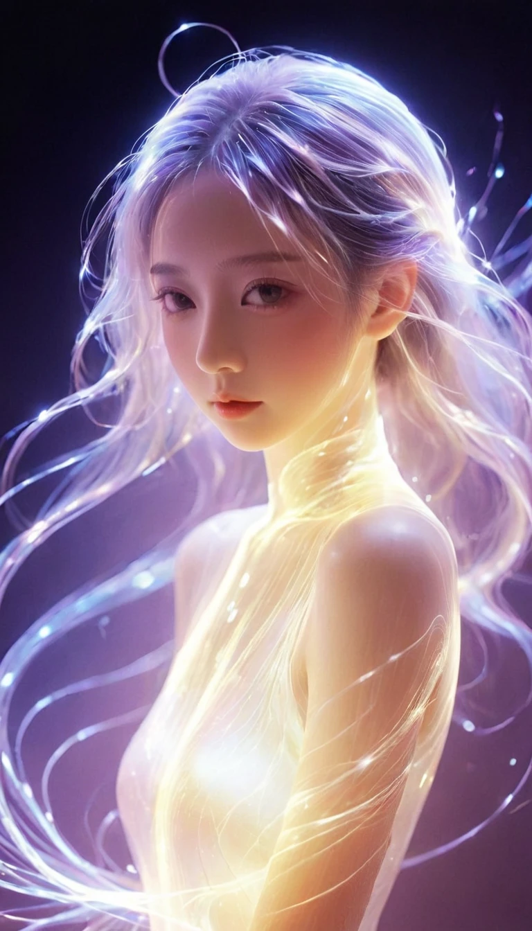 bailing_particles,bailing_lines,Lines of light,Particles of Light,A girl made of particles,The density of lines at the finger part is high,(white hair:0.3),