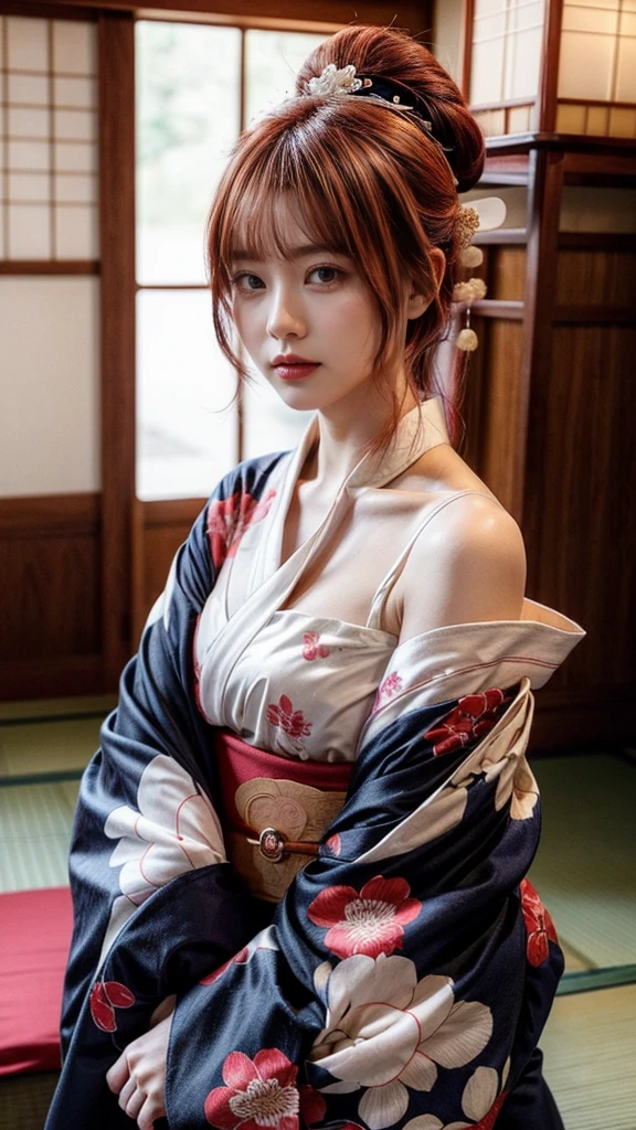 highest quality, masterpiece, Ultra-high resolution, (Realistic:1.5), RAW Photos, 1 girl, Off the shoulder, In the Dark, Deep Shadow, Discreet keys, Cold Light, Sexy Looks, ((Small breasts))、Looking at the audience、Japanese Kimono