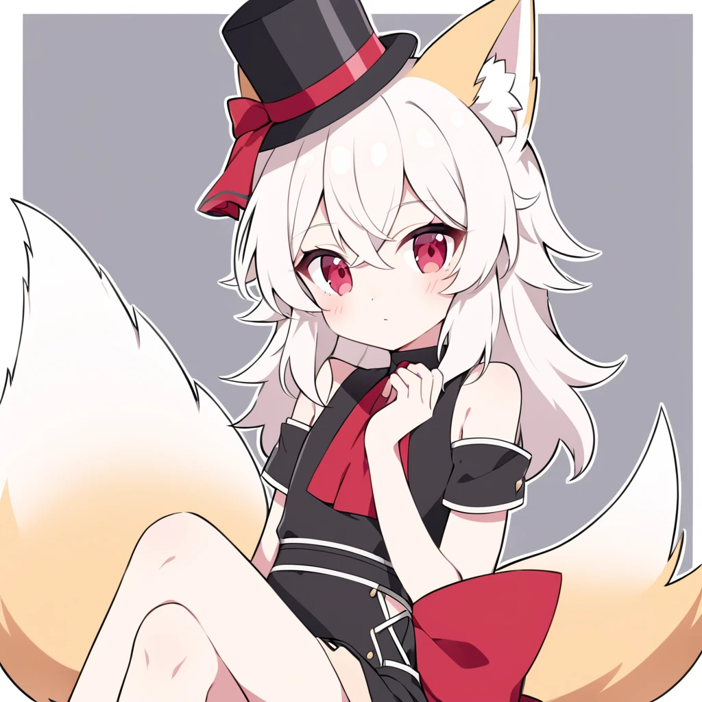 An cute foxboy femboy wearing black high thigh, anime style, white messy hair, feminine, adorable, crossed legs, wearing an top hat, he have fox ears and fox tail, ruby red eyes