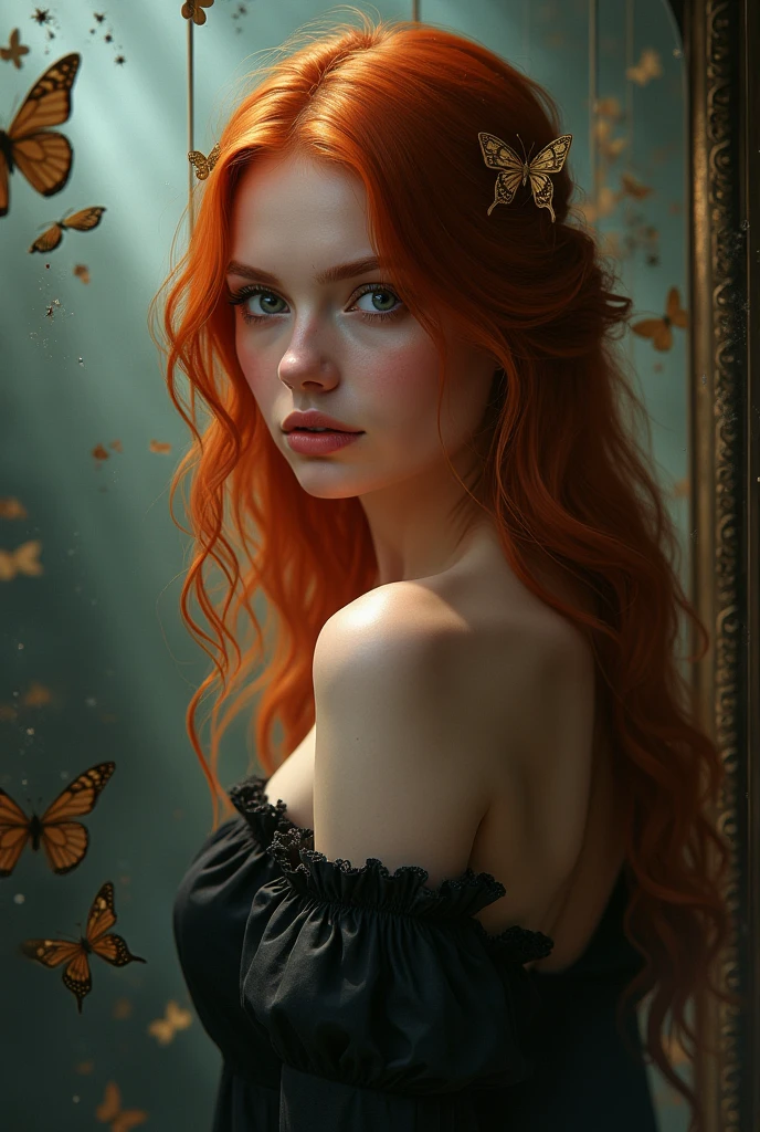 (solo, full body photo:1.3), (action packed:1.3), (haze, fog, mist:1.3), chiaroscuro, best quality, photorealistic, 1woman, (cute), (24yo:1.2), redhead, long ginger hair highly detailed, 1700'S, digital photography, art by artgerm and ruan jia and greg rutkowski surreal painting gold butterfly filigree, broken glass, (masterpiece, sidelighting, finely detailed Fashionable eyes: 1.2) (perfect oval large eyes that gazes at the viewer), beautiful detailed face, blue gorgeous perfect eyes, (blonde hair ponytail), (attractive young woman:1.3), (thick amazing hair), (seductive:1.1), (blushing:1.1)