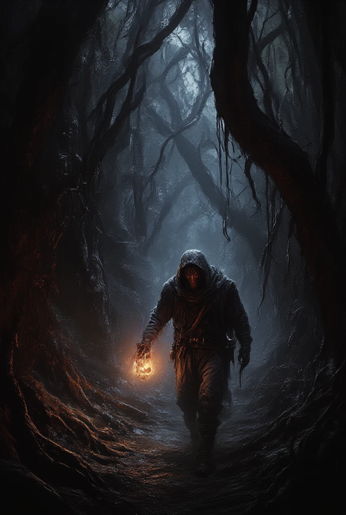 A narrow dirt path in the middle of the forest, where a person walks alone holding a lantern. Shadows of twisted branches create a spooky atmosphere, with the sound of branches breaking in the imagined background.