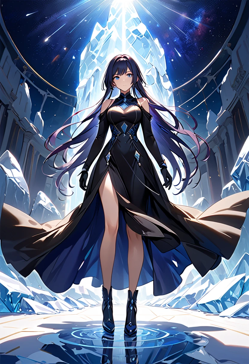 (best quality,masterpiece:1.2),1female,adult,mature,highly defined and slender face,full body,black hair,light theme,fantasy scenery,dark,red,blue