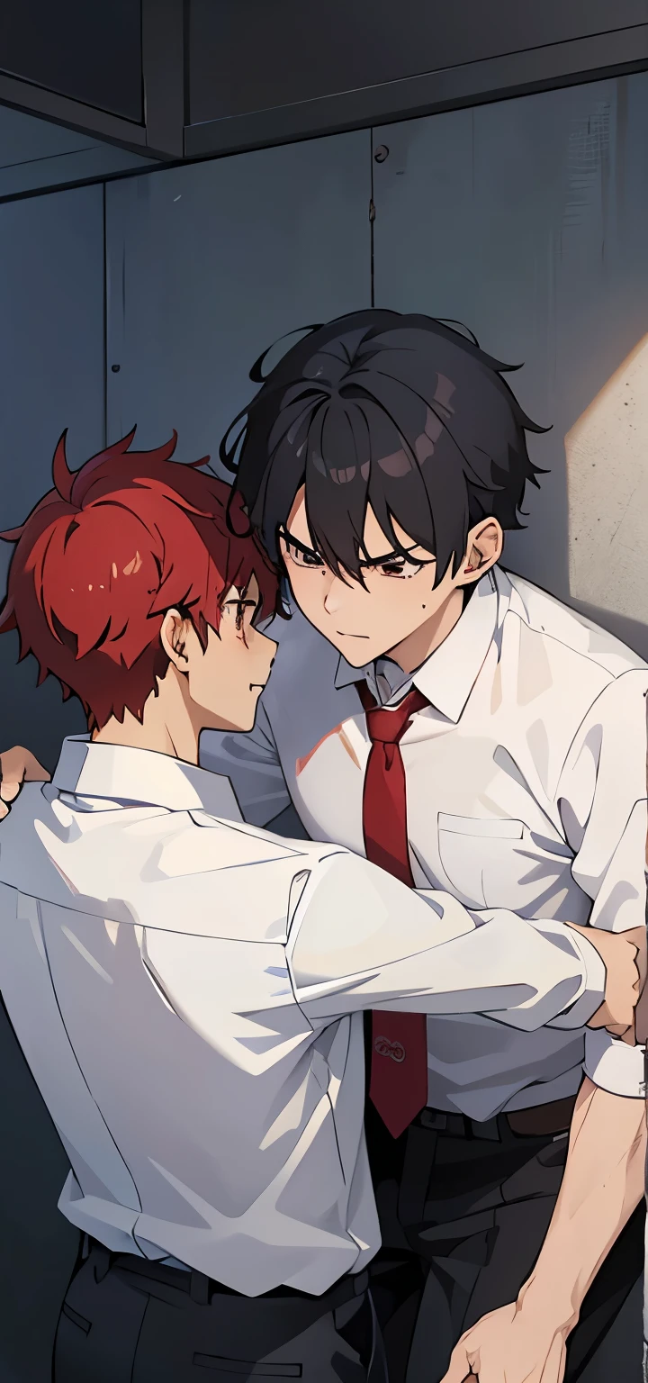 2 anime boy wearing white shirt, red tie, black pants, hugging, pulling him back, action , angry, forcing 