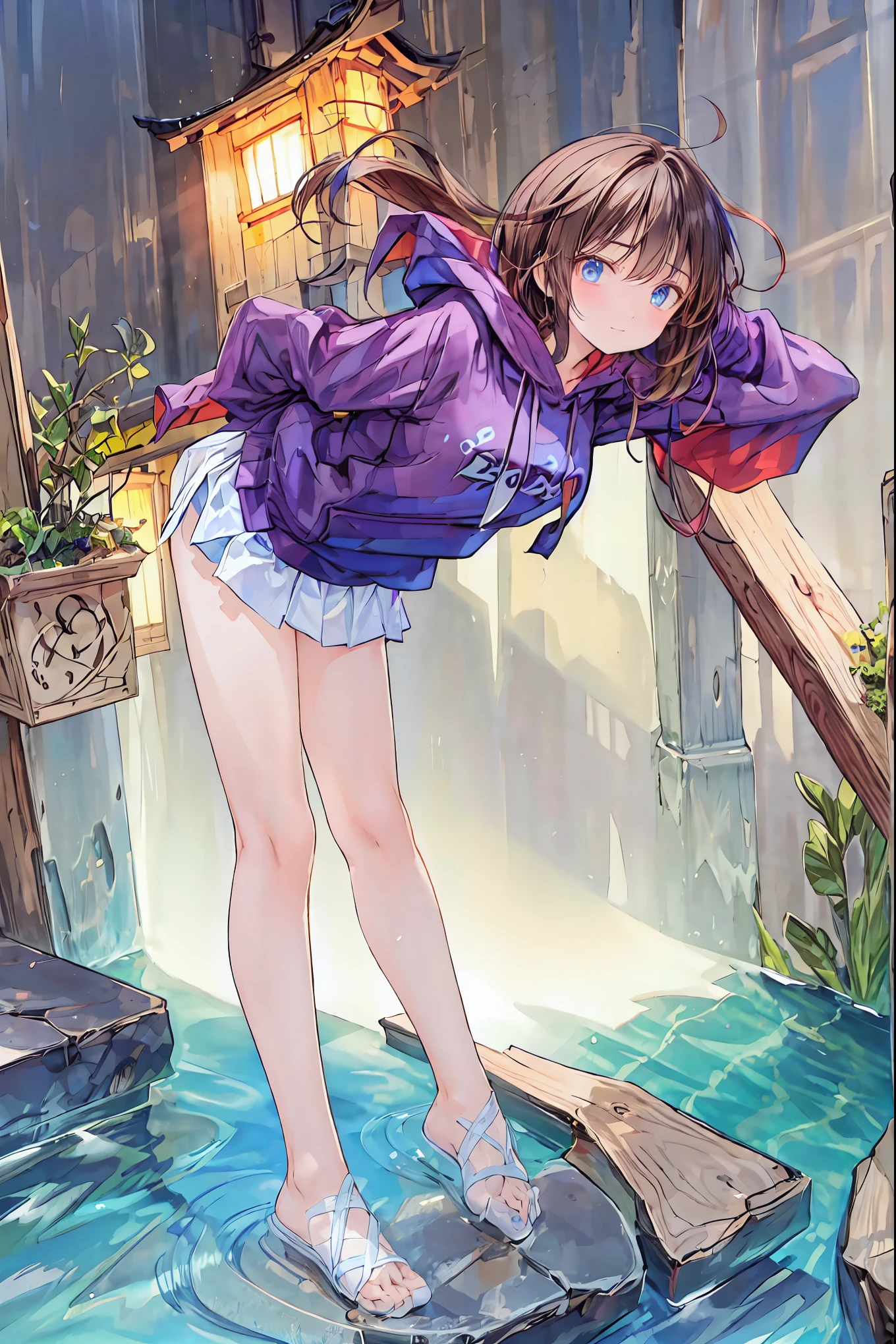  4 Kanata,Wear a hoodie。 lower body naked,Butt,nice,Beautiful night view background,Stand on tiptoes,  bend your knees,Point your knees outwards,Rear View