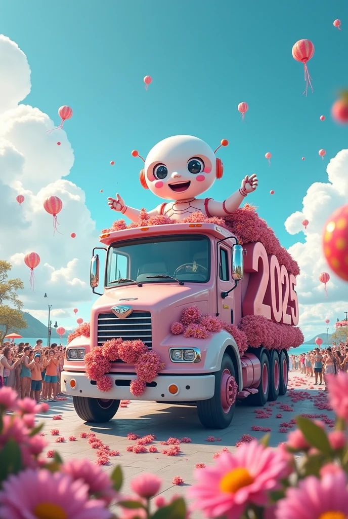  new year、 ceremony 、 Fun details、「2025」「SeaArt 」A giant decoration truck painted with、 pastel、flower、Laughing robot 、 responds to the enthusiasm of the crowd 