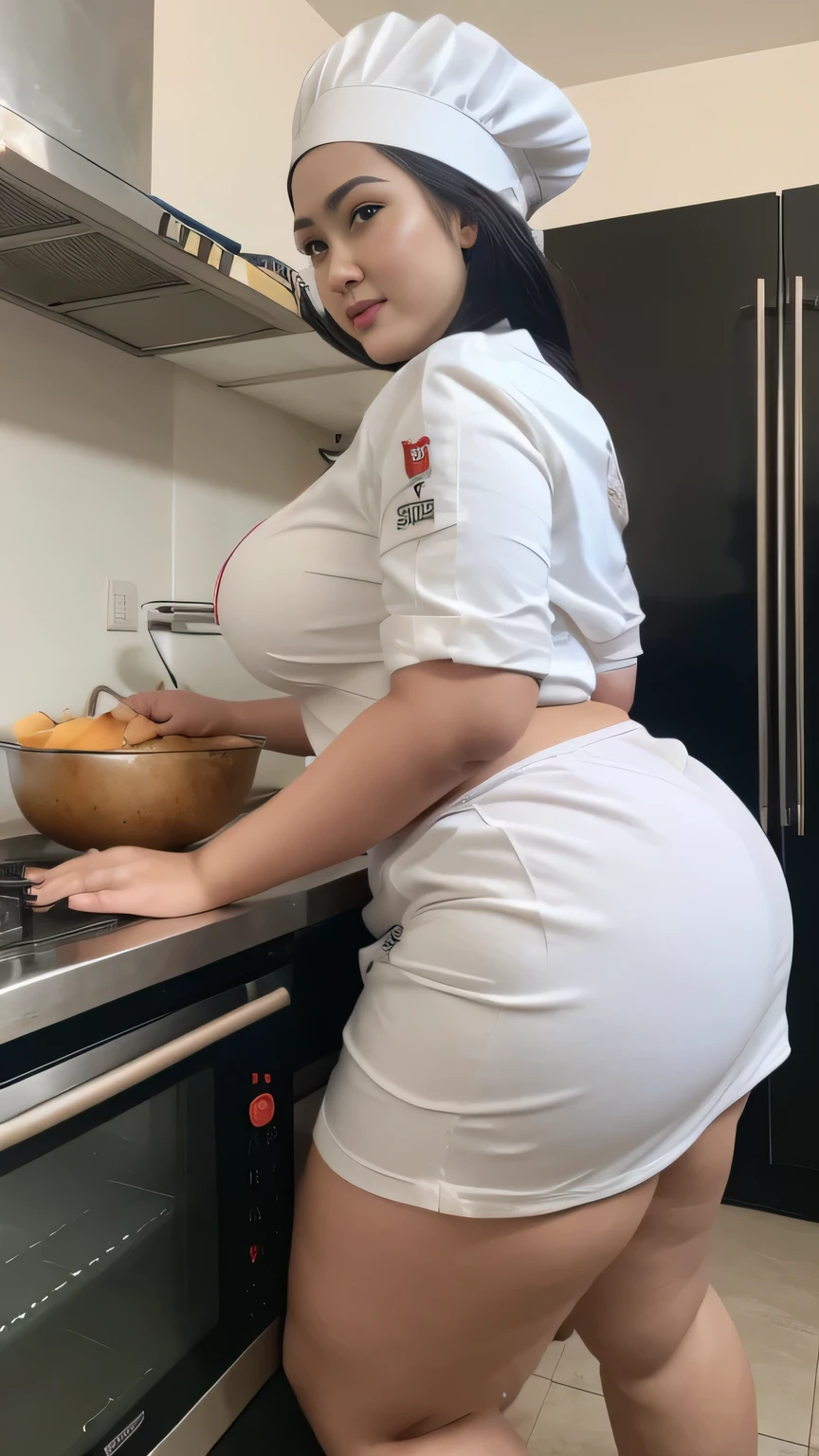 ((best quality)) (realistic) (very old woman), 90 year old woman, fat body, wrinkly, enormous breasts, full body in a chef's uniform, In the kitchen of the restaurant, in a white chef's uniform and chef's hat, she has a tiny skirt no knickers, sitting on floor, legs spread wide, see her wet vagina, ((full body shot)).