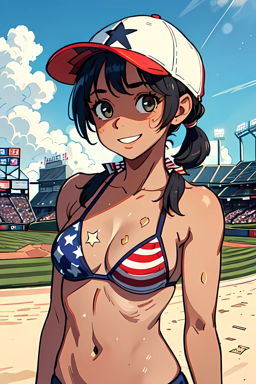 best quality, masterpiece, latin girl, smiling, ((light dark skin)), (upper body:1.5), (low short twintails hair:1.4), small breast, (stars and stripes bikini:1.2), wearing a baseball cap pulled down, hands down, she is sweating a lot, baseball stadium at daytime, ((clouds, midsummer))