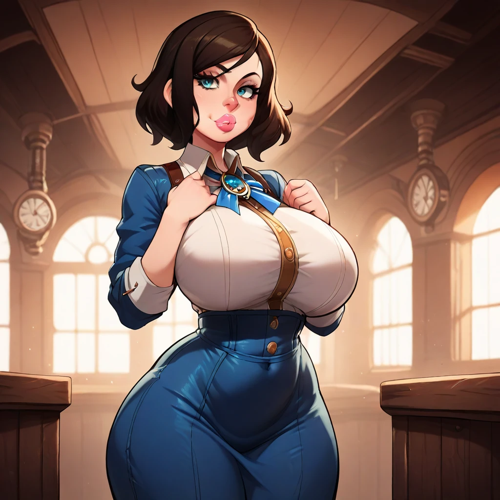 (best quality), (masterpiece), 1 girl, early 20's, huge heavy breasts, thick, thick lips, wide hips, thin waist, elizabethshadow, steampunk city, on air ship