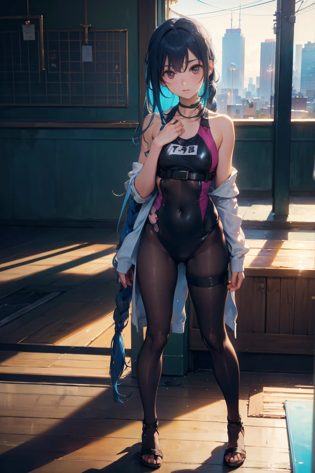 Masterpiece, best quality, 16k resolution, NVIDIA RTX Ray Tracing technology, Create a 4K resolution, ultra-realistic, and extremely detailed artwork, award winning, retina, soft light, sharp focus.(hyper-realistic:1.4), (full body:1.5), (Night, night time:1.4), from above
cyberpunklucy, lucy, short hair, bangs, blue eyes, blue hair, multicolored hair, makeup, (multicolored eyes:1.3), smile, model pose, modeling
BREAK bare hips, bodysuit, leotard, monowire, off shoulder, off-shoulder open clothes, MIDRIFF
BREAK outdoors, city, moon, night, sky, clouds,
sexy, Sexy, smooth perfect skin, smooth_skin
Beautiful、(red blush)、Sexy
FULL BODY SHOT, ultra wide angle, textured skin, face detail, clean skin, perfect hands, perfect anatomy, anatomically correct,
(Realistic park:1.3)