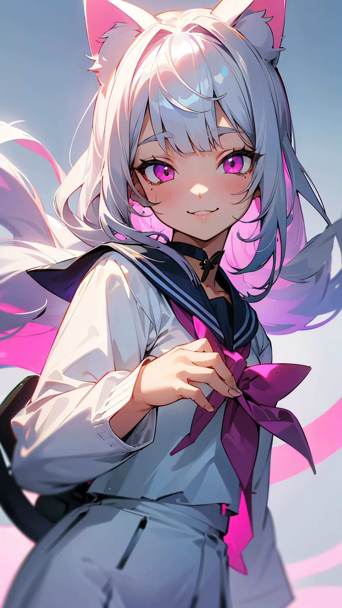 girl 、 College Student 、 sailor suit、 、 Silver Hair、 long silvery hair 、Cat ears、 pink eyes、 wicked smile、 upper body closeup