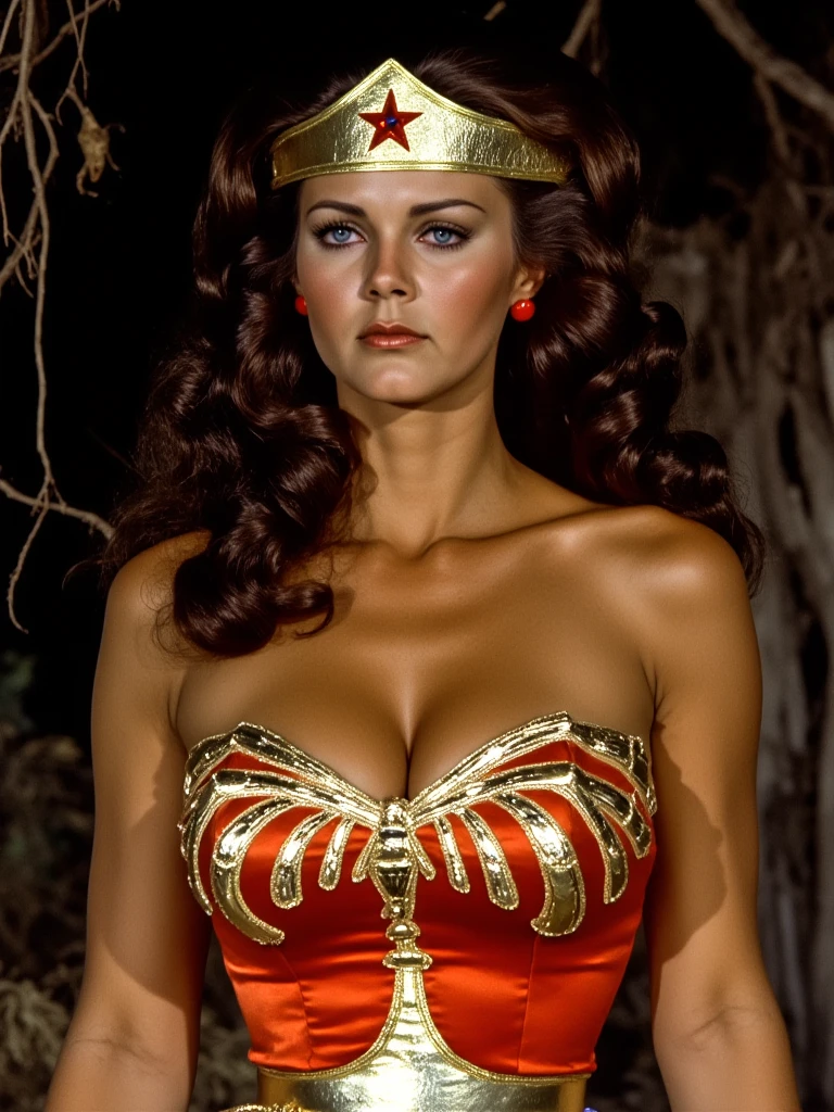 Real light ,  beautiful details shine , ((25 years old)), tall girl , Wavy long hair shape , wearing Wonder Woman's golden balance, ((( with eyes closed )))，(((unconscious )))､ lying on the ground､ lying on back ､ ((( she ))),  very young Linda Carter ,  very big boobs ,  has brown hair , Skinny boobs , Photographic view of bright red sanpaku eyes  , Slender figure, Small waist, Wide hips, concerned expression, The expression is charming and gentle , front view. whole body.   wearing a shiny red spandex bodysuit zipper on the front ,  低领口充分展示了she的大胸围. Roll up your sleeves. Her round, curvy ass .  standing in the evil cave. (((Full of vines))).  Random Pose. Ergonomic postures.