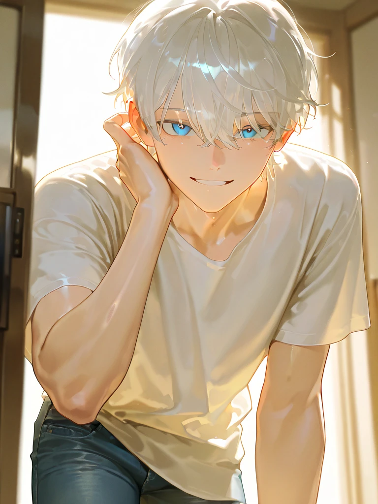masterpiece, best quality, amazing quality, very aesthetic, absurdres, newest, super detailed, very beautiful, absurd, depth of field, natural light, strong lighting, aesthetic coloring, shiny, detailed face, high-res, 748cmstyle, in house, 1boy, human, handsome, shiny blue eyes, detailed eyes, short white hair, bright skin, radiating skin, slender, tall, masculine frame, wavy ruffled hair, big white t-shirt, jeans, looking at viewer, shiny skin, until thighs, bright smile, hand up