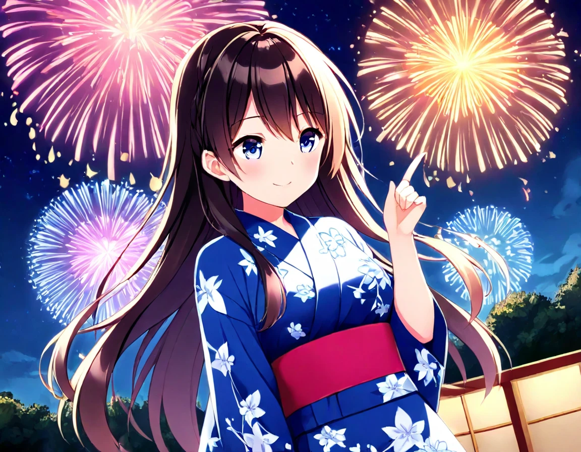 1girl, yukata, night, riberside, firework, pointing, smile, looking away,