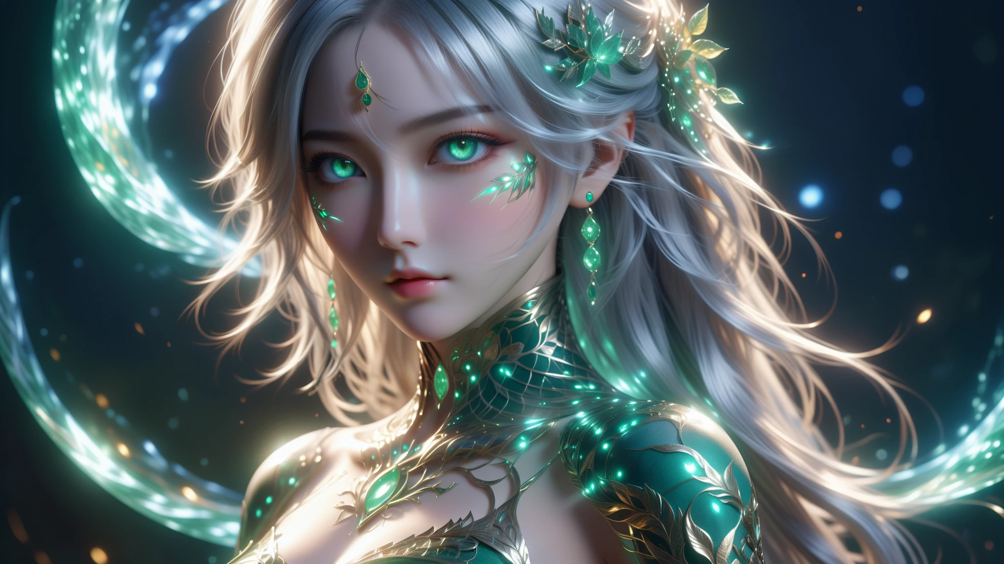 Ink painting style, snake clan girl, super clear face close-up, epic scene, delicate face, clear eyebrows, clear phoenix eyes, flying hair, fair skin, dark green jade, wearing white clothes, POV perspective, flowing sleeves. Fluorescent green, background dynamic flame, white space, huge Chinese blade attacking viewer