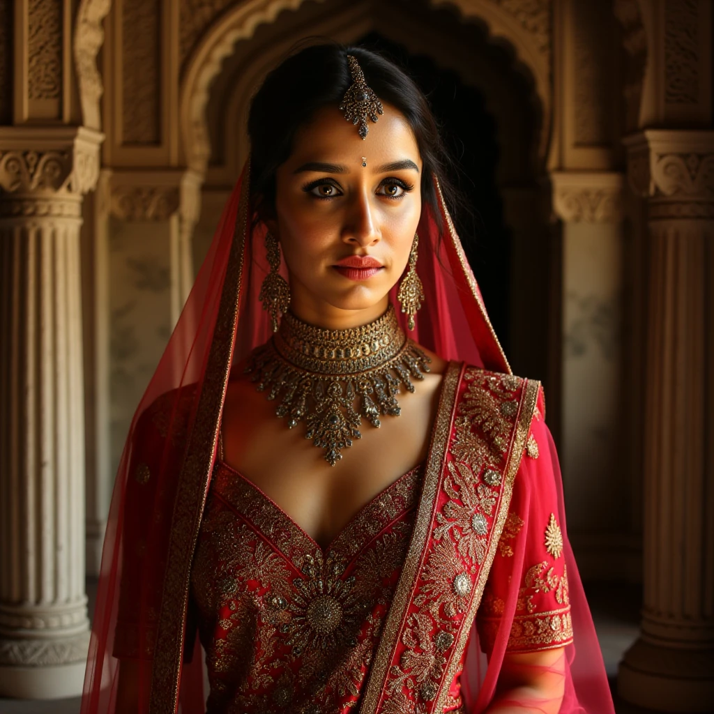 A graceful and determined young woman, deeply spiritual, dressed in an elaborate Indian bridal attire.