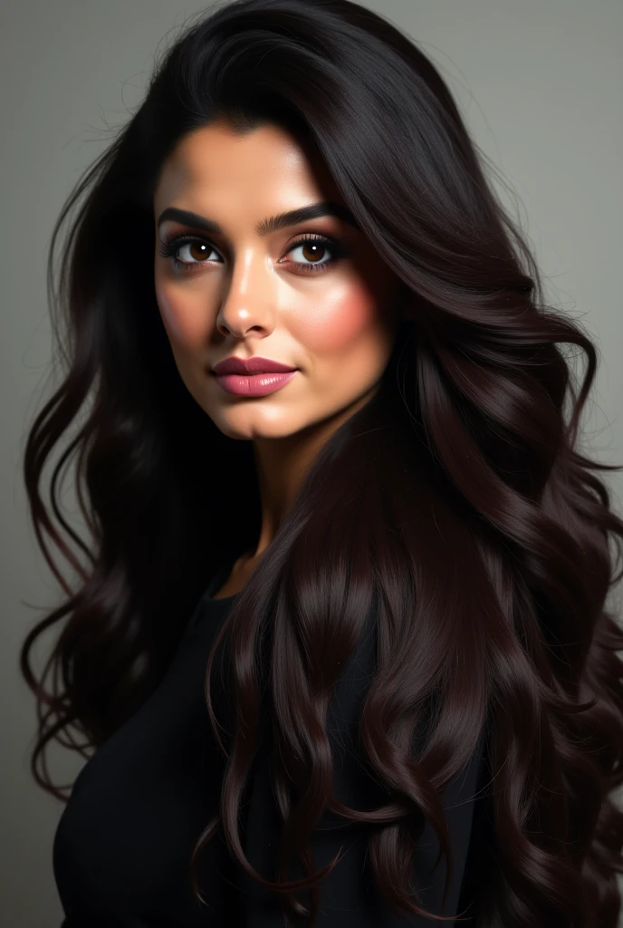 dark and gloomy, 8k, front photo of a 30-year-old brunette Brazilian businesswoman dark at night, (realistic dark brown hair straight and with light waves) , makeup, nude lips, brown eyes, (wearing black chanel tailoring blazer, black silk blouse and black straight tailoring pants, closed clothes), frontal vision, looking very serious facing the viewer, hyper realistic,{a girl with extremely beautiful olive skin}, (highly detailed skin: 1.2) {{{masterpiece}}}, realistic texture, dynamic composition, Fujifilm XT2, 85mm F1.2, shutter speed 1/80, (bokeh), high contrast complete this image