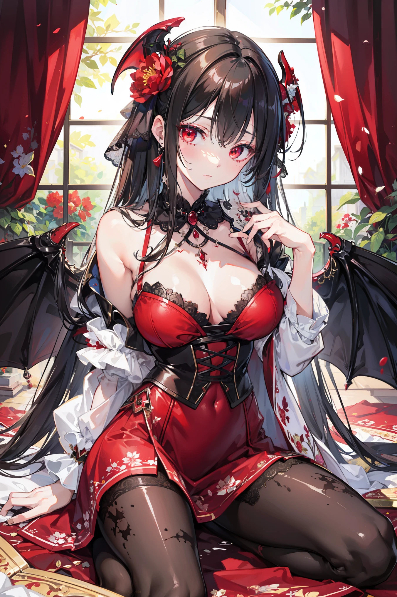 ( extremely detailed CG unites ), Detailed Clothes , masterpiece, Extremely exquisite and beautiful, Blood splash , 1 Girl, Sitting, messy hair , beautiful detailed eyes, red eyes, lace pantyhose ,Floral scent,Succubus's horns,Girls' Shoes ,Avoid extra feet ,A small amount of gel coat