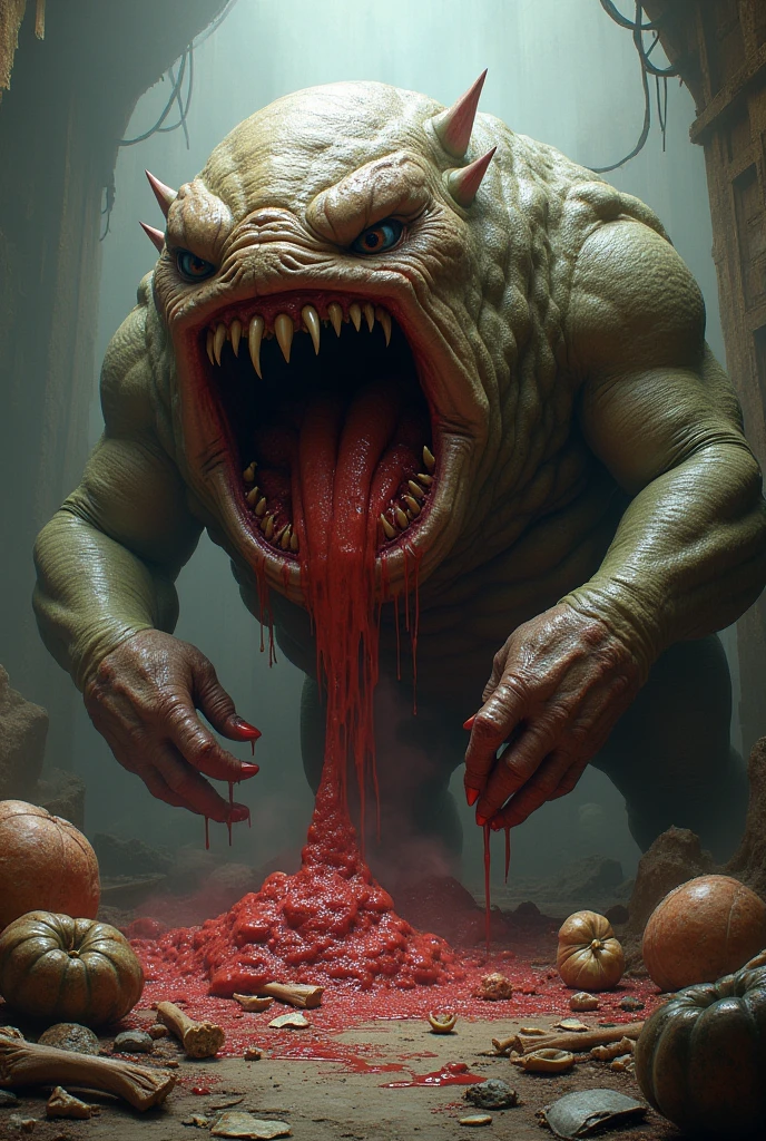 Big giant Stone with big mouth eating Spliting hand flesh there lot of blood. Splashing blood everywhere. 