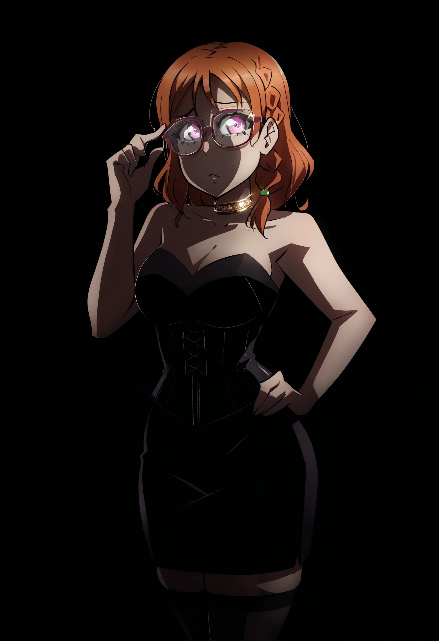 dynamic lighting , love live art style, takami chika , orange hair, medium hair, pink eyes, side braid, circle glasses, corset, pencil skirt,collarbone,neck ring, thighhighs, in black dark library , night , looking at viewer, strapless , adjusting glasses , shiny skin,Elijahzx art style,thin waist,curvy hips,solo,dbp,dramatic chiaroscuro lighting,dark