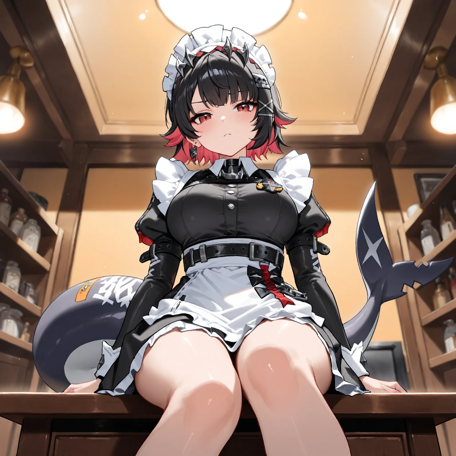 (zenless zone zero), \(ellen joe\), shark tail, from below, cowboy shot, sole, very cute face, maid costume, cool girl, Disgustful expression, headdresses, apron, sitting on desk, (best quality,4k,8k,highres,masterpiece:1.2),ultra-detailed,intricate details, high fashion, dramatic lighting, warm colors, chiaroscuro