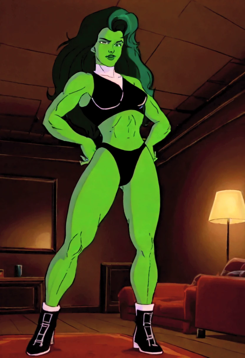 , masterpiece, best quality,  She-Hulk, solo, 1girl, green eyes, green skin, green hair, black crop top, black panties, black shoes, indoors, , looking at viewer, 2D cartoon, retro artstyle, night, living room, 