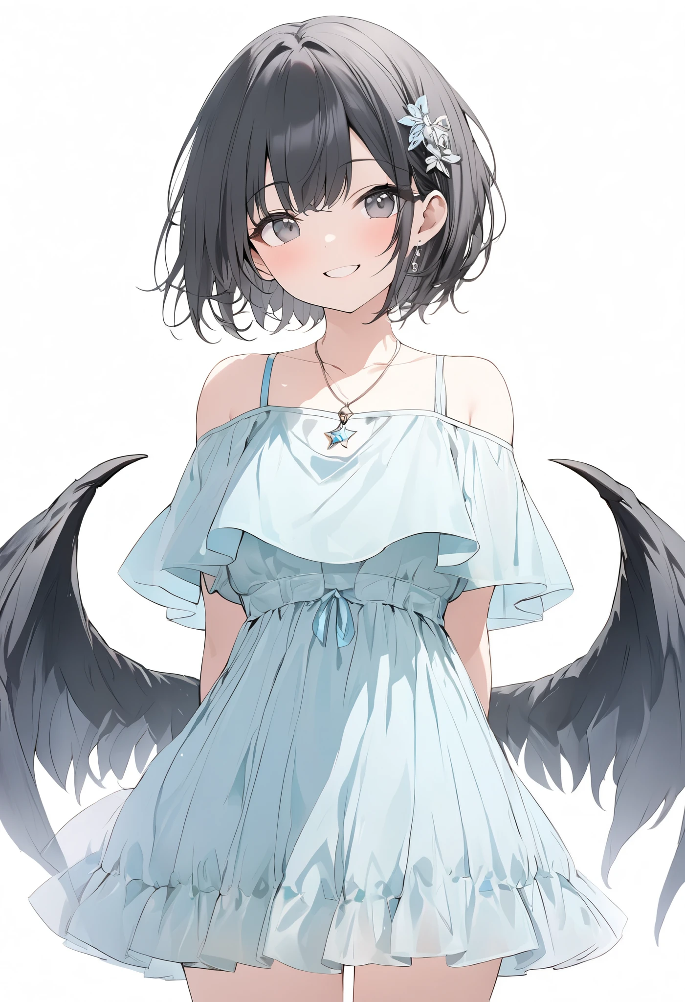 {{masterpiece、 Attention to Details , perfect eyes}}、((White background,from front,  cowboy shot ))、18 years old、 One Girl 、 black hair、pixie cut、 very short hair、 black eyes、(Light blue chiffon dress、 hair ornament、pendant)smile、arms behind back、