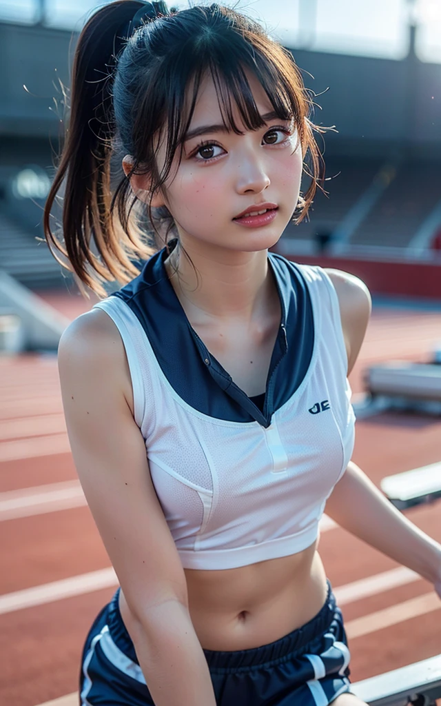 (8K, Raw photo, realistic: 1.25), (Partially gray hair, Cherry colored natural lips, thin eyebrows, eyelash, teardrops, snappy bangs, shiny face, shiny skin, highest quality, ultra high resolution, Depth of written boundary, chromatic aberration, caustics, Vivid photogravure-like lighting, natural shading, Neat and clean Japan woman, 15 years old,Glasses, kind, beautiful black hair, smile, Small devil, show me your ears、photo shoot, cute face, thighs, film grain, chromatic aberration, sharp focus, face light, clear lighting, Ten generations, detailed face, background bokeh、((((((15 years oldの女子高生))))))、Glassesをかけている, very big breasts, slender body, Athletics attire, Background is an outdoor athletics stadium, sexy pose, full shot
