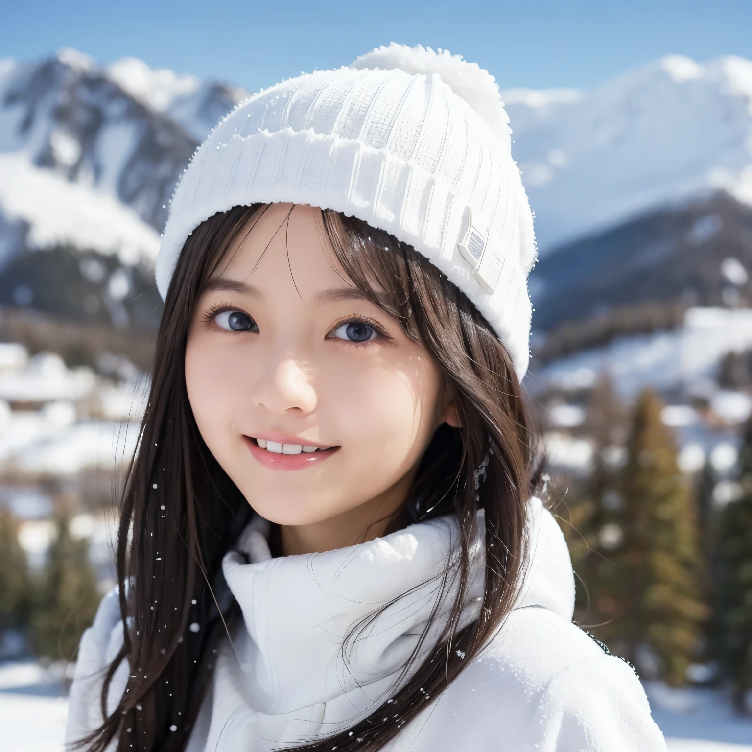 White ski wear, White knit hat,  portrait above the chest , The background blurs the snowy landscape ,  smiling and staring at the camera ,  winter cleanliness and friendly atmosphere,  girl, busty,  black hair,  straight hair,  with bangs, 's greatest masterpiece,  professional lighting