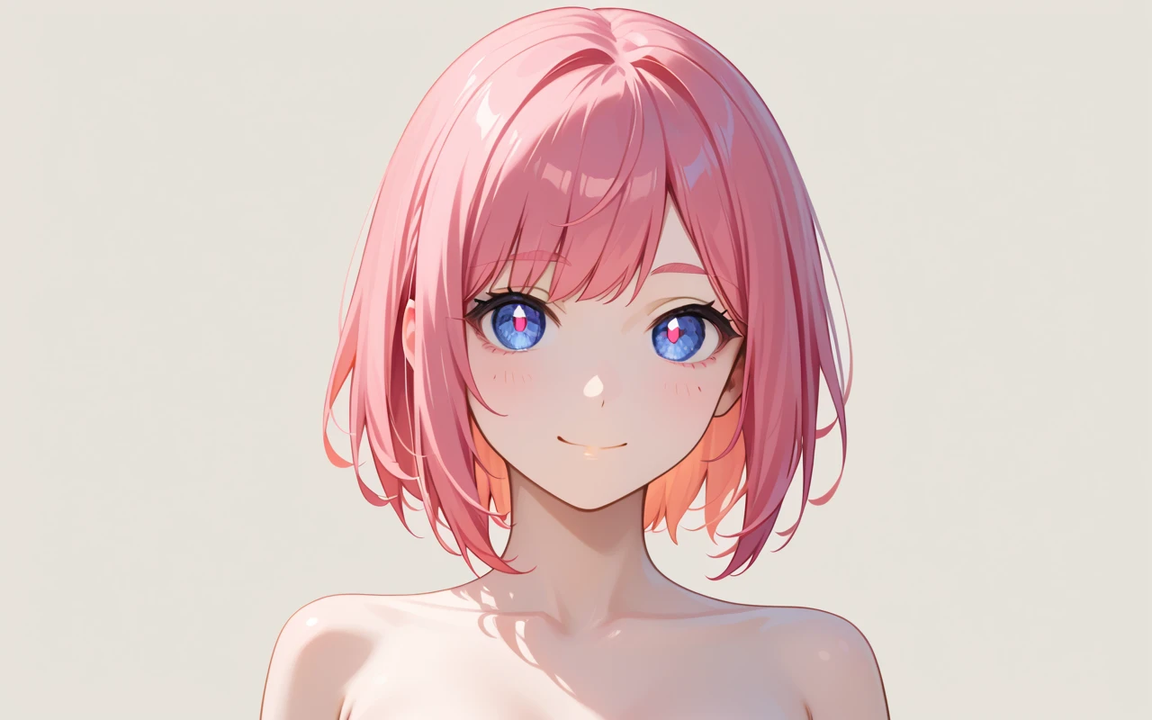 (score_9,score_8_superior,score_7_superior),One girl,Pink Hair,Bob,blue eyes, bangs, Simple Background, Earrings,Large Breasts, Blushing, Minimalist, 