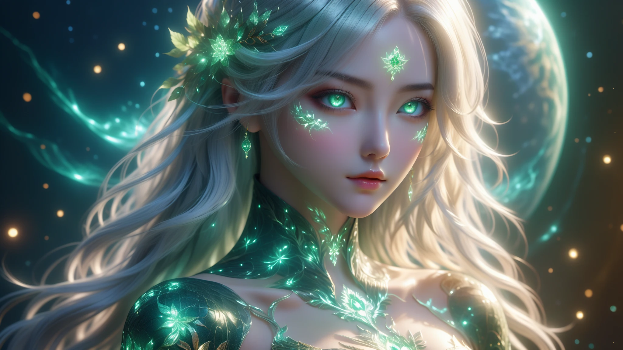 A photo of an moon goddess floating at the space, 16yo, white hair, bright divine aura, bright shining green eyes, white dress, cleavage, moon background, moon light, blurred background, DoF, Ultra detailed, 8k