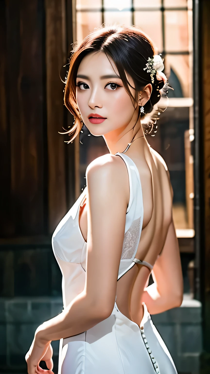 Girl 1 person, top quality, photorealistic: 1.37, super high resolution, masterpiece, detailed eyes, nice eye makeup, real skin, perfect anatomy, black and white bikini, short hair, (PureErosFace_V1:0.8), detailed face, holding a bow, serious expression, photorealistic, light shining,