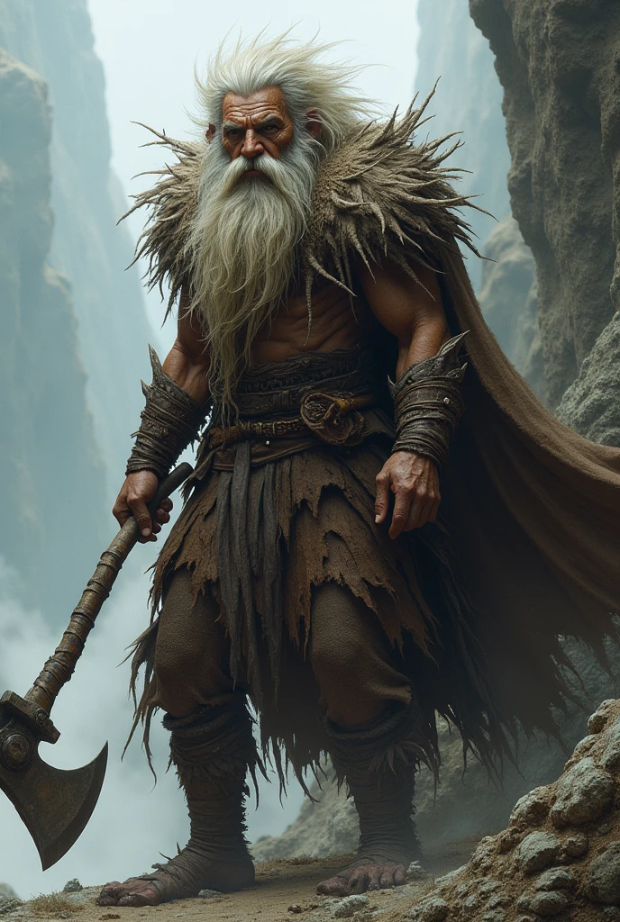 Kalashtar young man full body, long white hair, tattoos on face, Druid, one-handed sickle and animal skull on the head, Attack position, Wolf skin, Mountain and snow environment