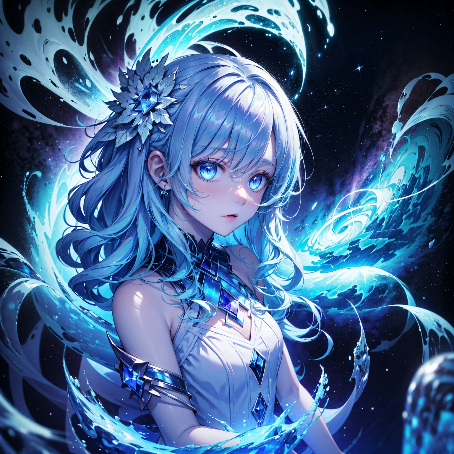 A girl with icy blue hair stands looking at an endless vortex of chaos, wearing a dress with detailed blue iceberg patterns inlaid on it, the vortex is dark purple with lots of lightning, surrounded by a dark, majestic, mysterious, magical, detailed galaxy universe.