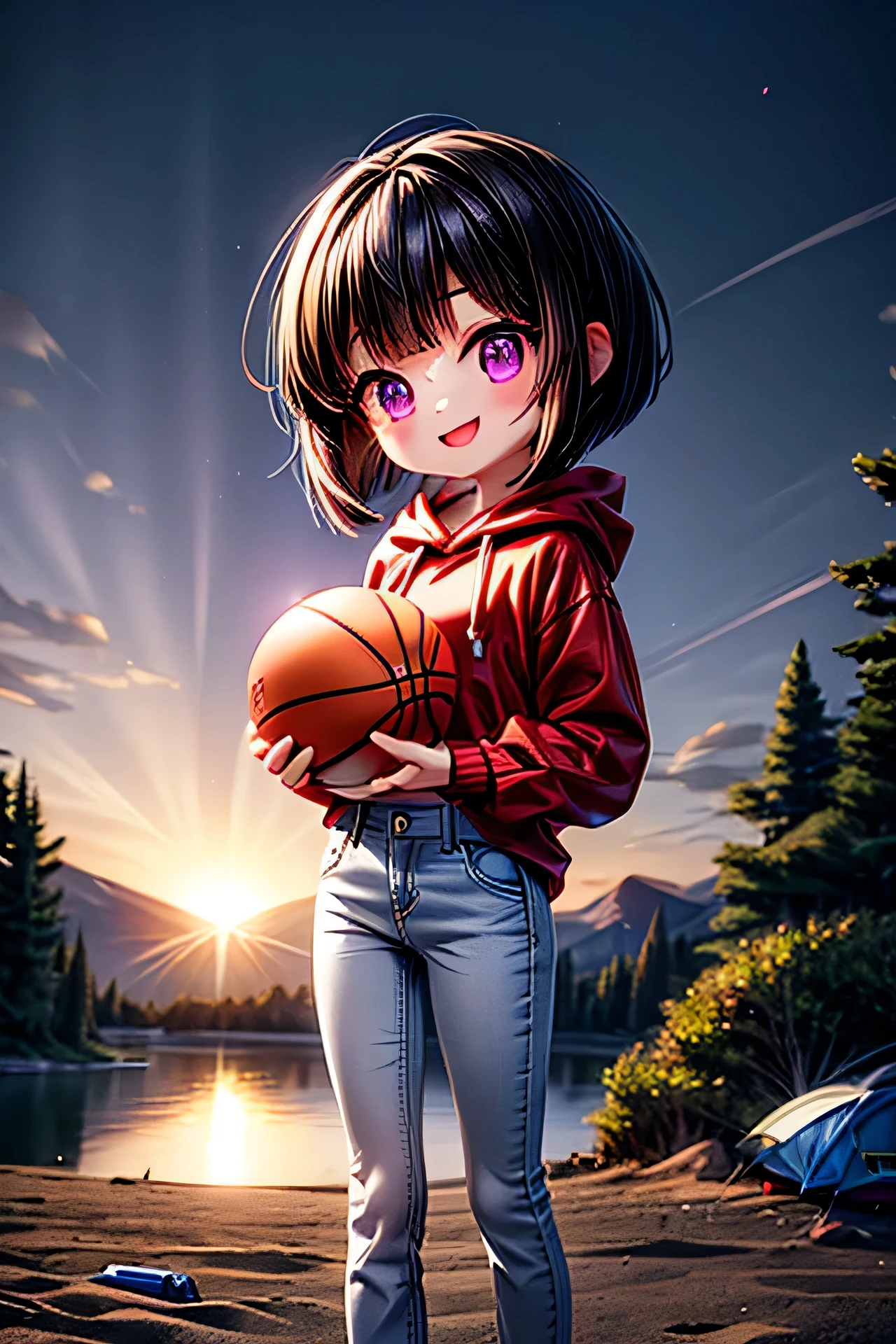 An anime-style girl is standing at a campsite with the first sunrise of the year in the background.
She is holding a basketball and smiling in front of a red round camping tent.

She has a neatly trimmed bob haircut with sideburns , flowing black hair and violet eyes,White, Slender Legs and a Slim Waist .

She is wearing blue jeans and a red hoodie.