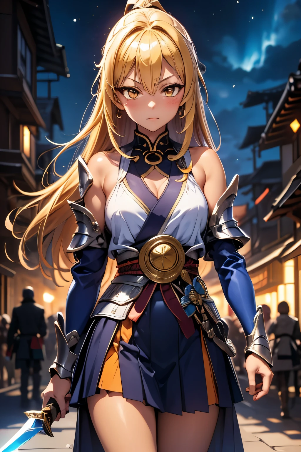  1 girl　+Master Swordsman　+ hold the sword　+Overwhelm Enemies 　+ninja　+Sengoku Warlord Armor　+The big picture　+Yellow Hair　+The dignity of the general　+Glossy tanned skin　+Magical sword that glows orange、
Battlefield　+ Night Sakura　+ Sword Effects