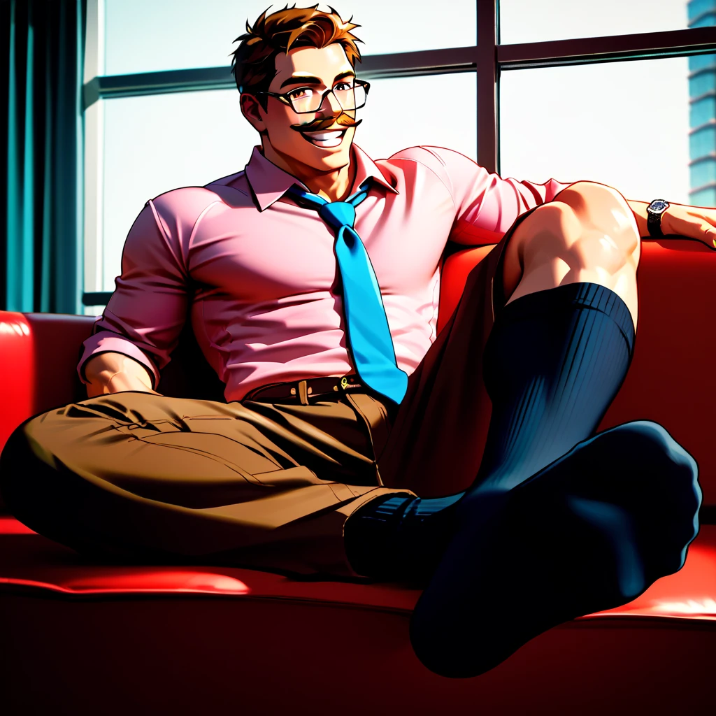 ,Handsome muscular brown haired man with brown eyes smiling, looking at the viewer, wearing glasses, moustache, pink shirt,loose blue tie, brown pants, black socks, sitting on an red sofa, office background, window, modern design, foot focus, undressing one sock,  