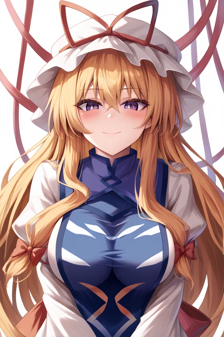 best quality, masterpiece, highres, solo, {yakumo_yukari_touhou:1.15}, blonde_hair, ribbon, hat, long_hair, mob_cap, hat_ribbon, red_ribbon, smile, white_headwear, bangs, bow, breasts, purple_eyes, hair_between_eyes, hair_bow, tabard, upper_body, large_breasts, very_long_hair, 1girl, dress, looking_at_viewer, simple_background, white_background, white_dress, long_sleeves, red_bow, sidelocks, blush, closed_mouth, gap_\(touhou\), puffy_sleeves