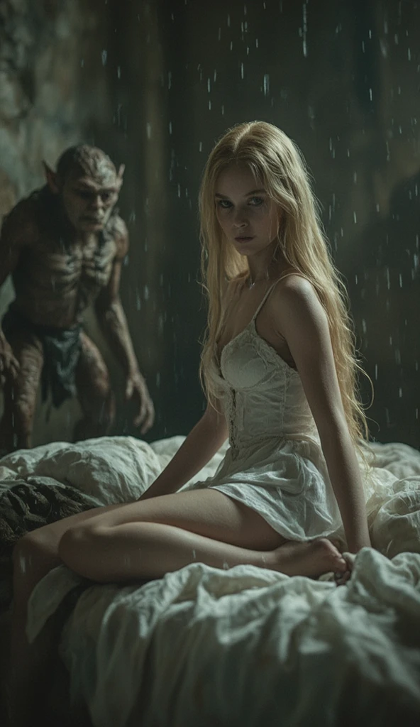 ((high resolution, super detailed frame)), ((focus on small details and the atmosphere of the scene)) spring, rainy weather, medieval motifs,
Beautiful girl, long blonde hair, sexy body, wearing a short white dress, bare legs. Sleeping on a bed in a room of an old mansion. Ugly evil goblins are standing near her. Against the background of old walls.