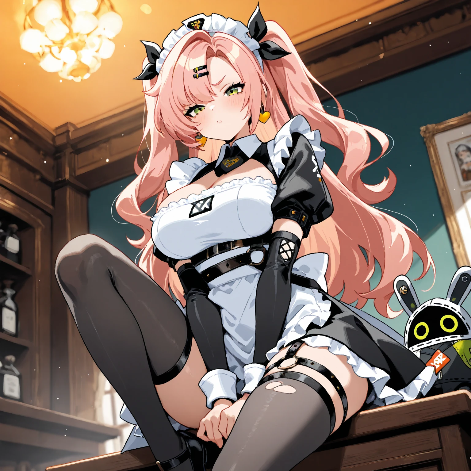 (zenless zone zero), \(nicole demara\), from below, cowboy shot, knee up, sole, hands between legs, very cute face, maid costume, cute girl, A slightly angry expression expression, headdresses, apron, sitting on desk, (best quality,4k,8k,highres,masterpiece:1.2),ultra-detailed,intricate details, high fashion, dramatic lighting, warm colors, chiaroscuro