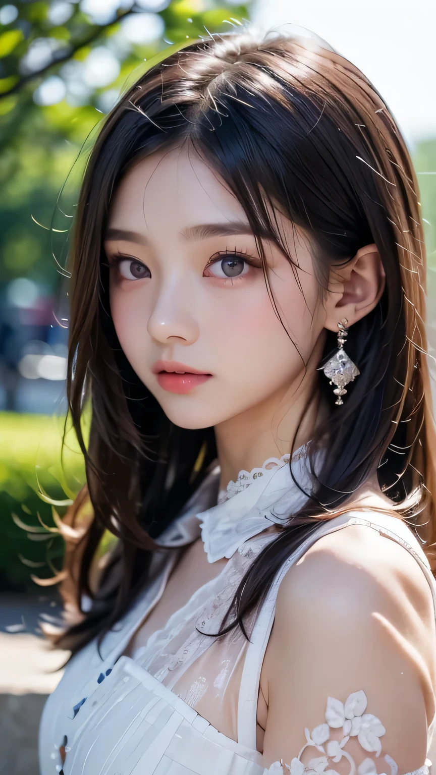 top quality, detailed background, girl, Beautiful eyes in every detail, Beautiful eyelashes, Japanese , (age 10), (Upper body shot)jewelry), (No earrings:1.2), a beautiful girl in a blouse with lace collar, detailed background in the park, vivid colors, delicate features, elegant pose, graceful, serene,cinematic lighting, warm tones,