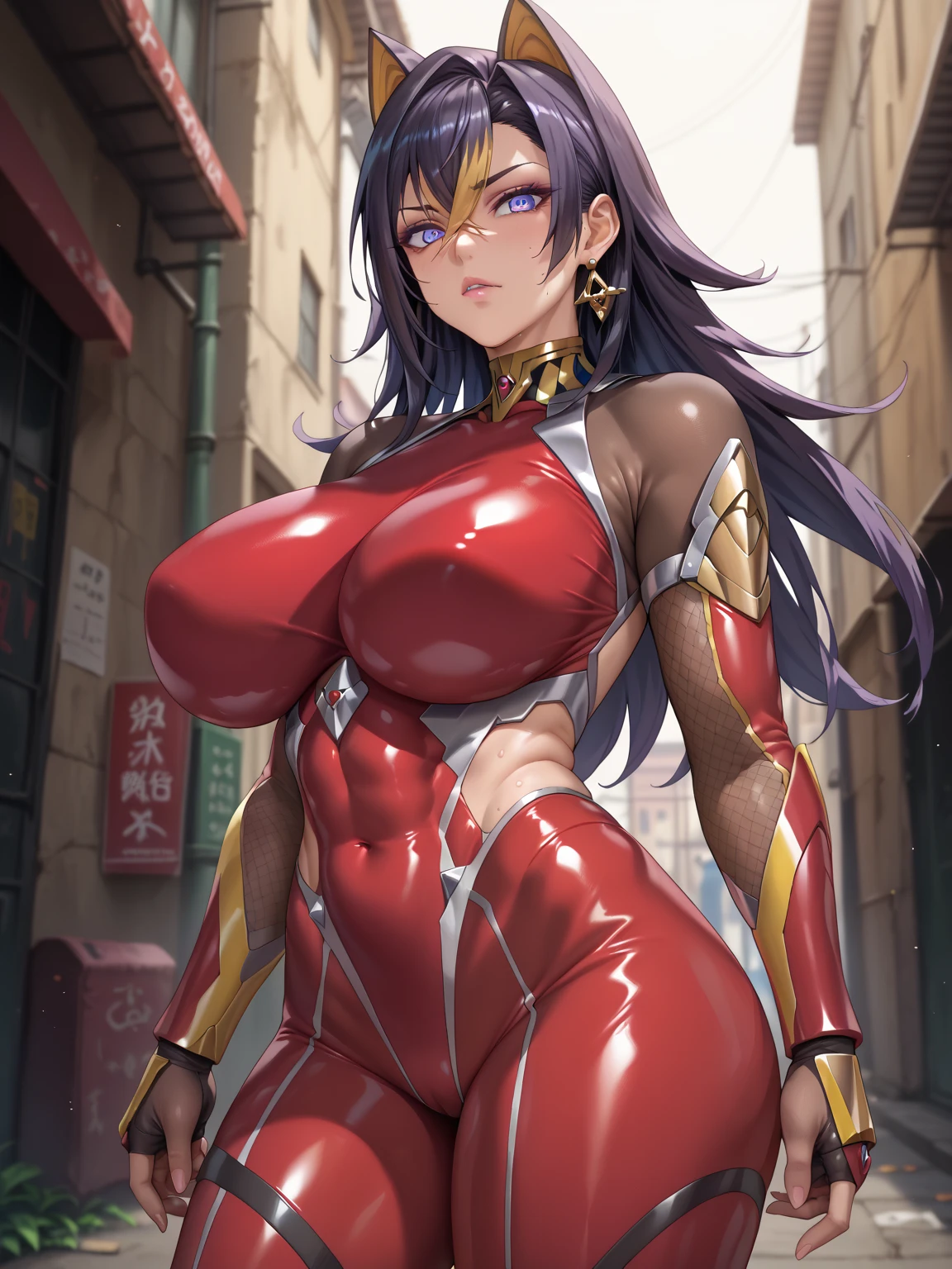  interruption source _Anime, viewers sweat a lot, 1 girl, bangs, underbust,  THIG-LENGTH SOCKS,large breasts, (taimanin suit), (two breast), , dark alleyナイトシティ,  taimanin suit, body suit, beautiful detailed eyes, ガニ股, latex, leotard, SM, dehya, catch testicles,