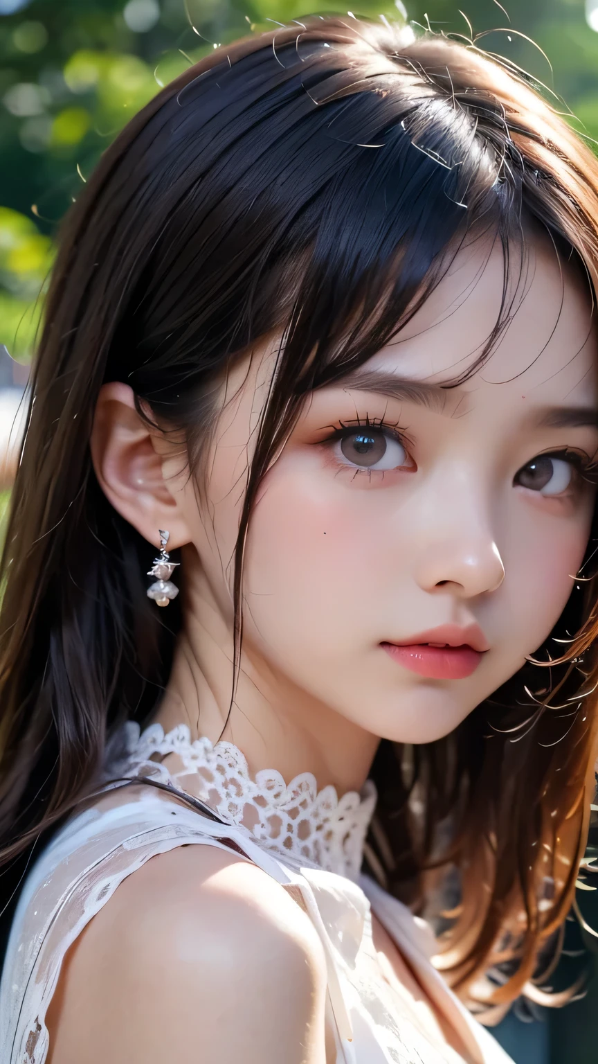 top quality, detailed background, girl, Beautiful eyes in every detail, Beautiful eyelashes, Japanese , (age 10), (Upper body shot)jewelry), (No earrings:1.2), a beautiful girl in a blouse with lace collar, detailed background in the park, vivid colors, delicate features, elegant pose, graceful, serene,cinematic lighting, warm tones,