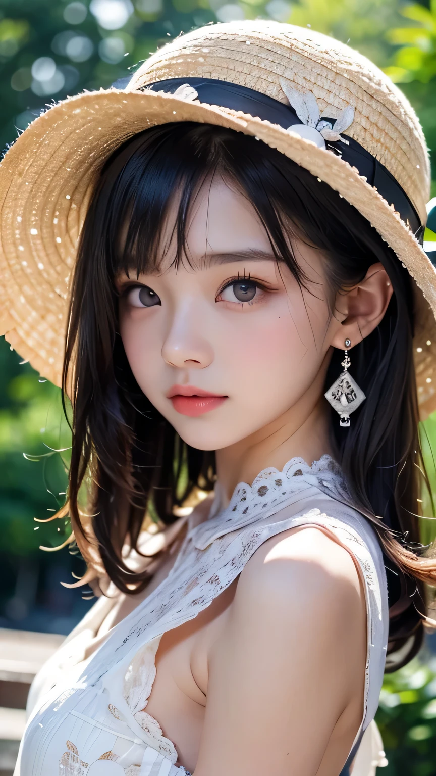 top quality, detailed background, girl, Beautiful eyes in every detail, Beautiful eyelashes, Japanese , (age 10), (Upper body shot)jewelry), (No earrings:1.2),a beautiful girl in a blouse with lace collar, detailed background in the park, vivid colors, delicate features, elegant pose, graceful, serene,cinematic lighting, warm tones, Wearing a small brim straw hat with a ribbon,