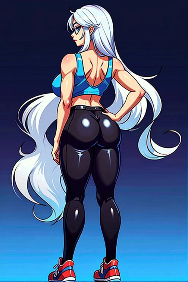 Super detailed、highest quality、Best image quality、masterpiece、8K、Anime Face、A kind smile、Open Mouth、Sparkling Blue Eyes、long blonde curly hair、(SFW huge body)、(((Rear view)))、Cowboy Shot、(Wearing a white thong:1.5)、Muscles of the whole body、Squatting with legs spread in an M-shape