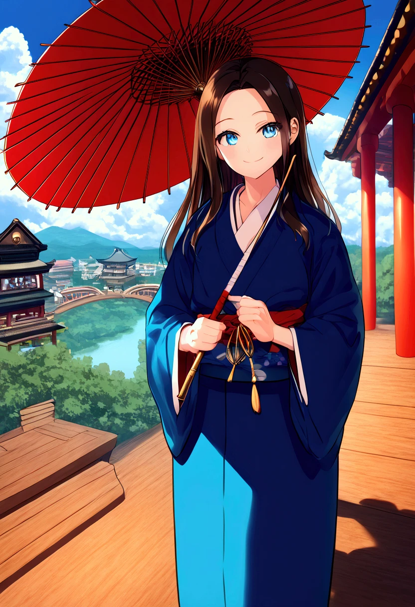 Blue kimono, medium-long hair, bright blue eyes,  anime boy ，Standing on an ancient red Japanese-style wooden bridge holding a wooden umbrella against the camera Smiling Japanese architecture Cloudy in the sky