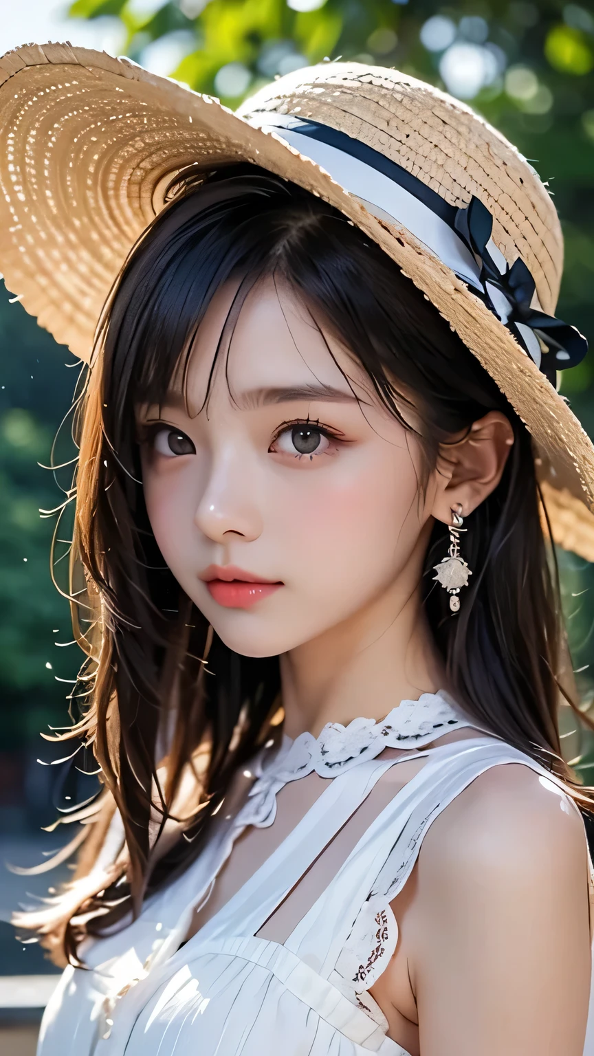 top quality, detailed background, girl, Beautiful eyes in every detail, Beautiful eyelashes, Japanese **************************, (******), (Upper body shot), (No jewelry), (No earrings:1.2),a beautiful girl in a blouse with lace collar, detailed background in the park, vivid colors, delicate features, elegant pose, graceful, serene,cinematic lighting, warm tones, Wearing a small brim straw hat with a ribbon,