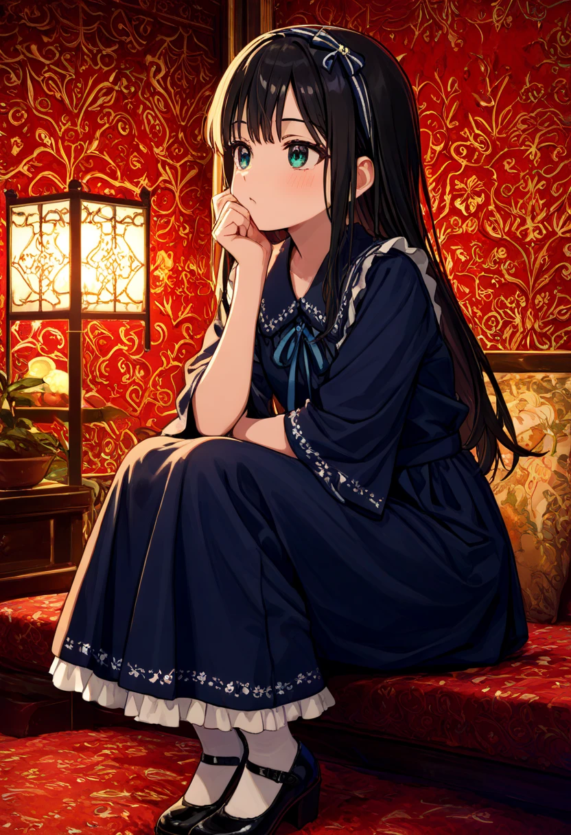 (Masterpiece: 1.1), (Best Quality, Ultra Resolution: 1.0), (8K Resolution: 1.2), (Photorealistic, Ultra Detail, Clear Focus 1:0), (Original Photo, Lighting: 1:1), detailed reflecting eyes by professional digital painting, beautiful pretty cute small face, 1girl, ((Chinoiserie)) long Dress, black Midi Frill Petticoat, Ribbon Bijoux hairband, Jacquard Separate Pumps