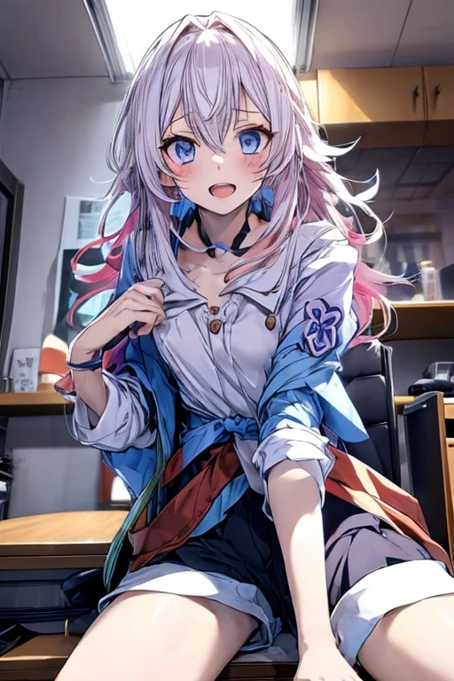 (from below:1.2),(perky chest:1.2), (pointed chest:1.2),(from below:1.2,Best Quality),a girl , platinum color hair、bartender uniform,Purplish blue eyes that dreamers desire, ((Otaku girl)),gloomy, messy hair, hair over eyes, long hair, blushing face,armpits hair, (harf sleeve t-shirt),shorts, sitting on gaming chair, dirty room,playing PC-game,small breasts, skinny,open mouth, looking at viewer, 